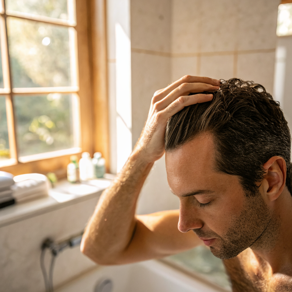 Homme passant la main dans ses cheveux, solutions contre la chute de cheveux