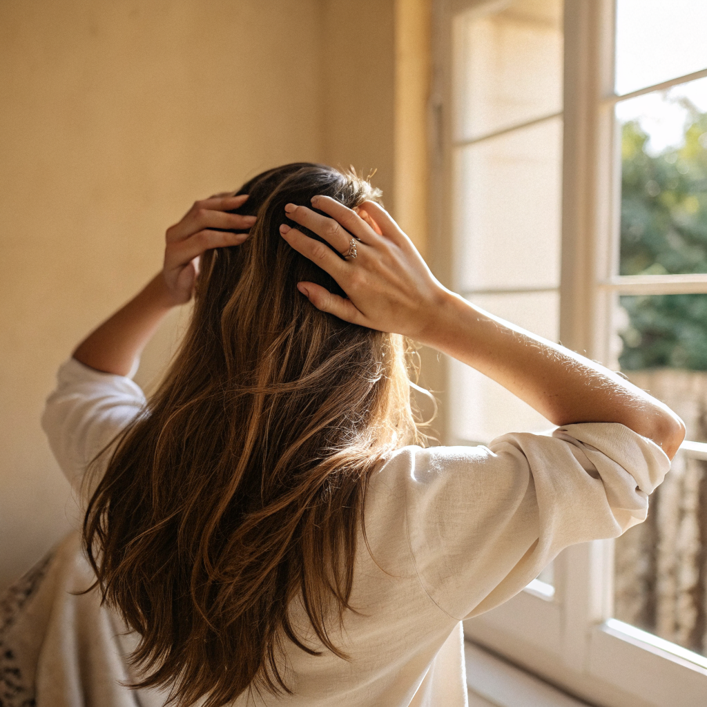 Femme se brossant délicatement les cheveux dans une lumière douce du matin
