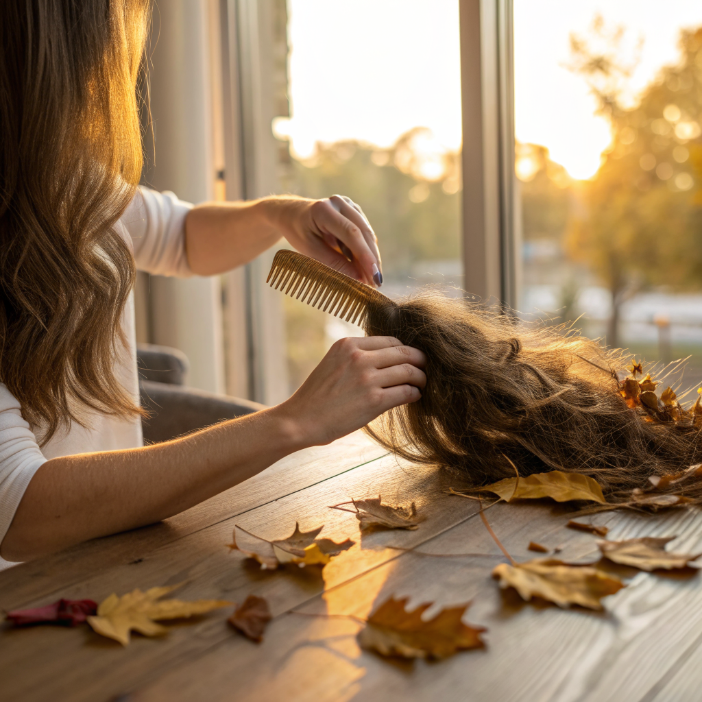 Femme brossant délicatement ses cheveux en automne, illustration de la chute de cheveux saisonnière