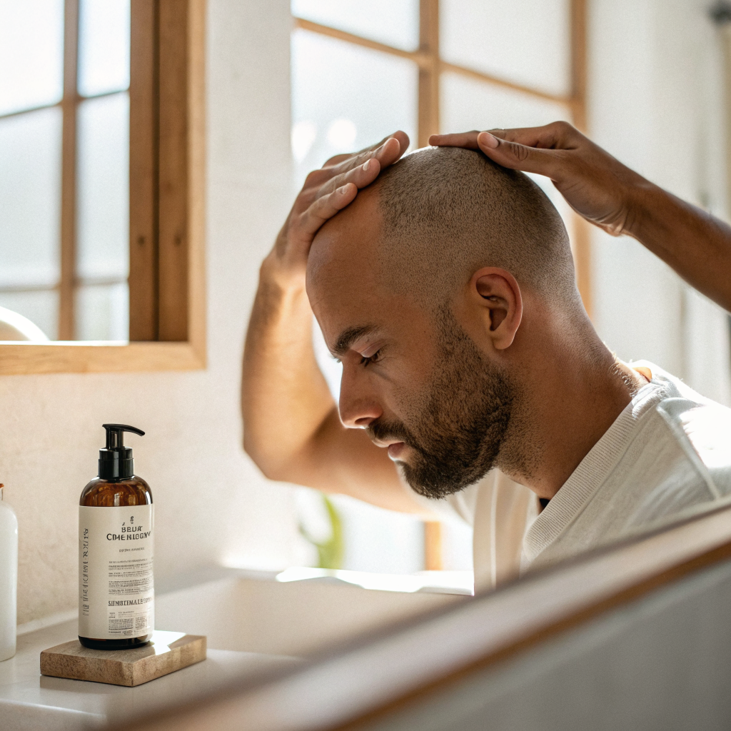 Homme appliquant une crème hydratante sur son crâne rasé pour prendre soin de sa peau