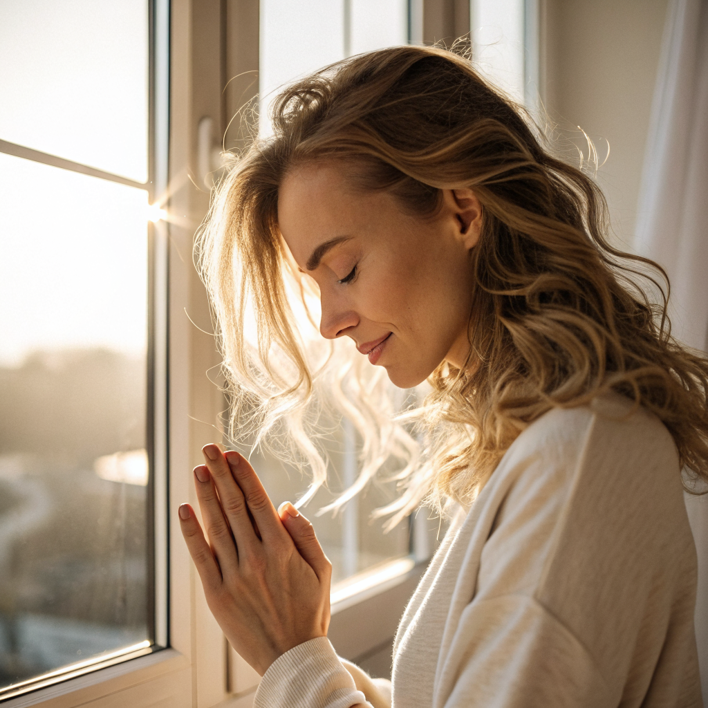 Femme passant delicatement les mains dans ses cheveux pres d'une fenetre lumineuse, illustrant le lien entre thyroide et chute de cheveux