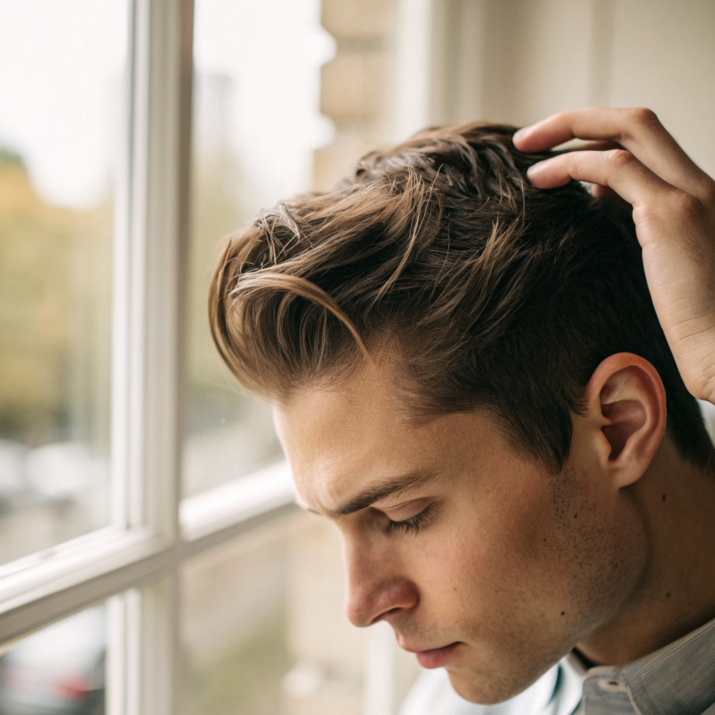 Jeune homme examinant sa ligne de cheveux face a un debut de calvitie precoce
