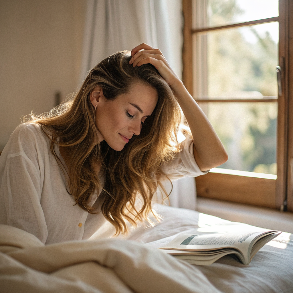 Femme prenant soin de ses cheveux apres une periode de convalescence, chute de cheveux post maladie